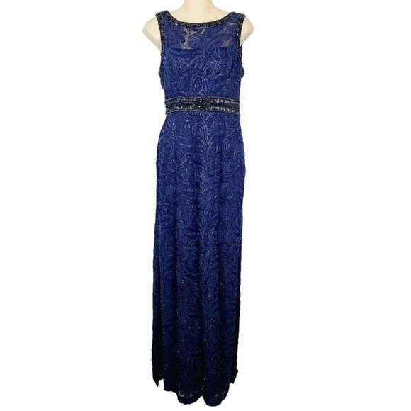 Sue Wong Dresses & Skirts - Sue Wong Evening Gown 4 Navy Blue Beaded Embroidered Lace Boat Neck Open Back